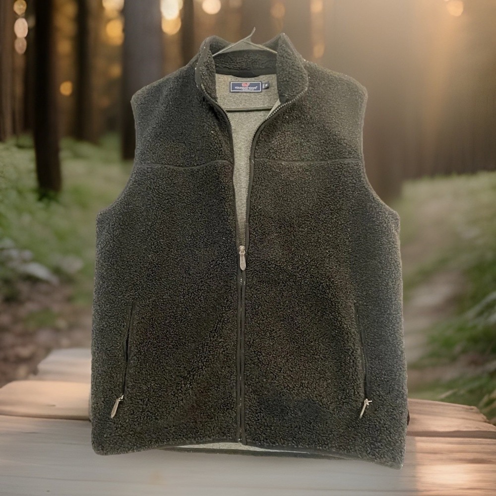 Vineyard Vines Vest Mens M Black Sherpa Fleece‎ Full Zip Pockets Lined Casual